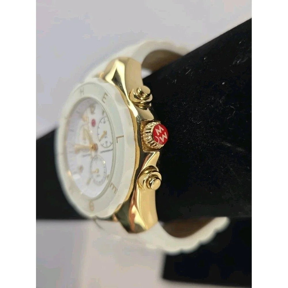 MICHELE JELLY BEAN TAHITIAN CHRONOGRAPH Watch GOLDTONE WHITE SILICONE BAND EUC - Picture 3 of 16